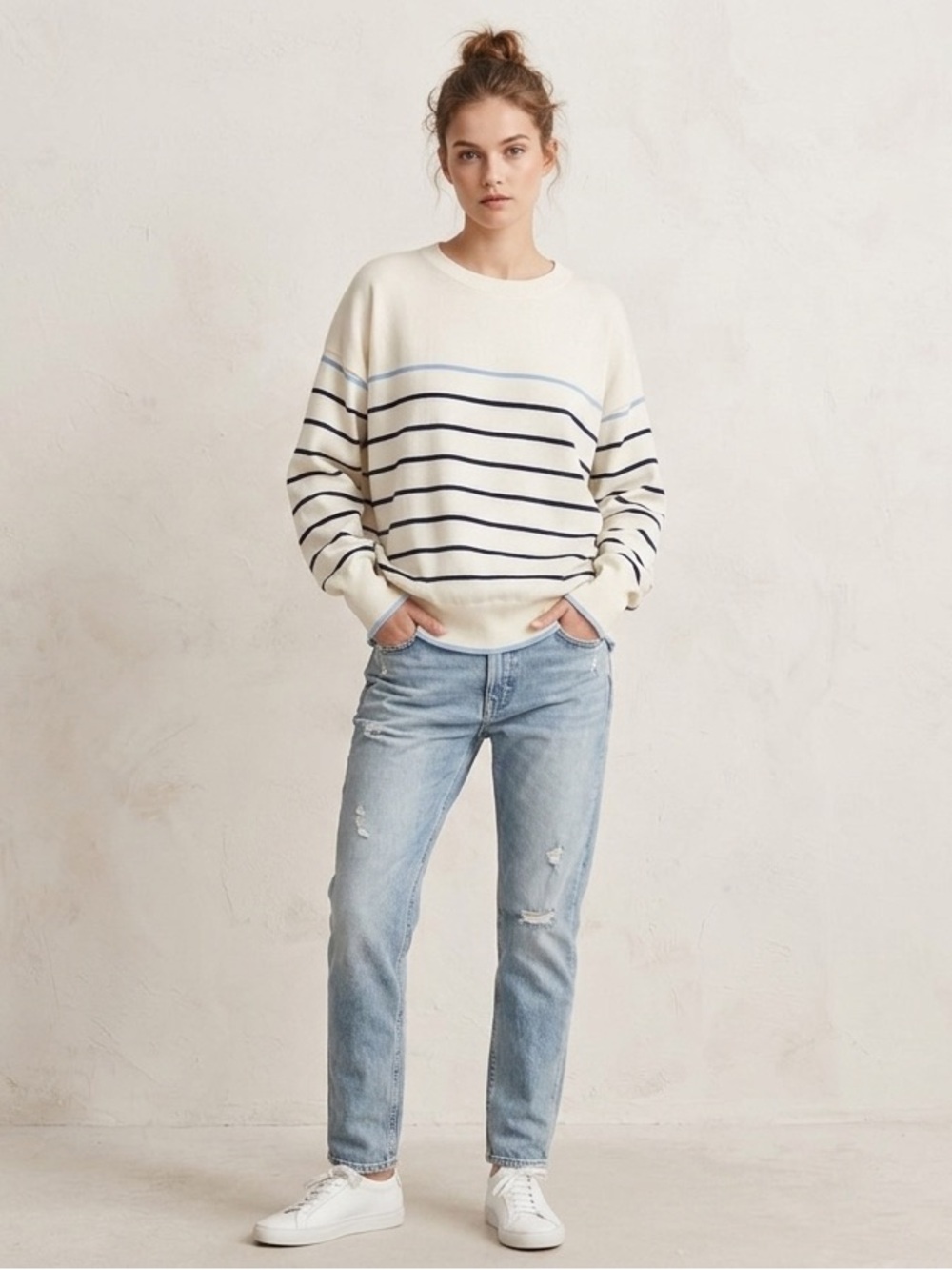 Scotch & Soda Cream Striped Boyfriend Sweater with Navy and Light Blue Stripes